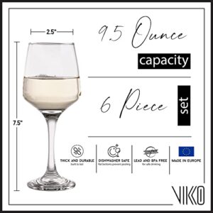 Vikko 9.5 Ounce Wine Glasses | Beautifully Shaped – Thick and Durable Construction – For Parties, Entertaining, and Everyday Use – Dishwasher Safe – Set of 6 Clear Glass Wine Glasses – 2.4” Diameter x