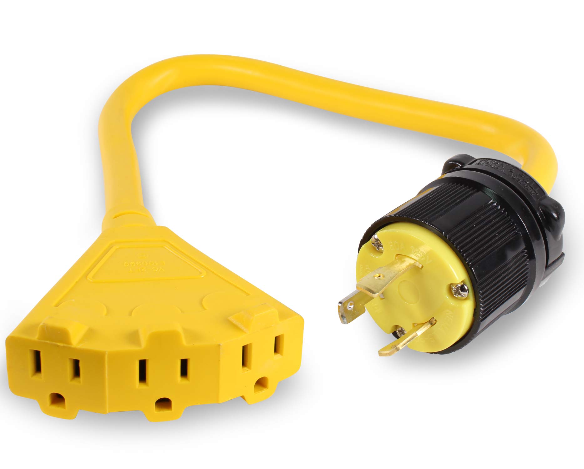 L5-30 to Triple 5-15R Generator Power Cord Adapter, by Journeyman Pro | 30A to 15A/110V 3-Way Splitter | 3-Prong Distribution Cords (2'FT L530P to Triple 5-15R)