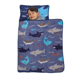everything kids blue & grey shark toddler nap mat with pillow & blanket, grey, blue, navy, orange