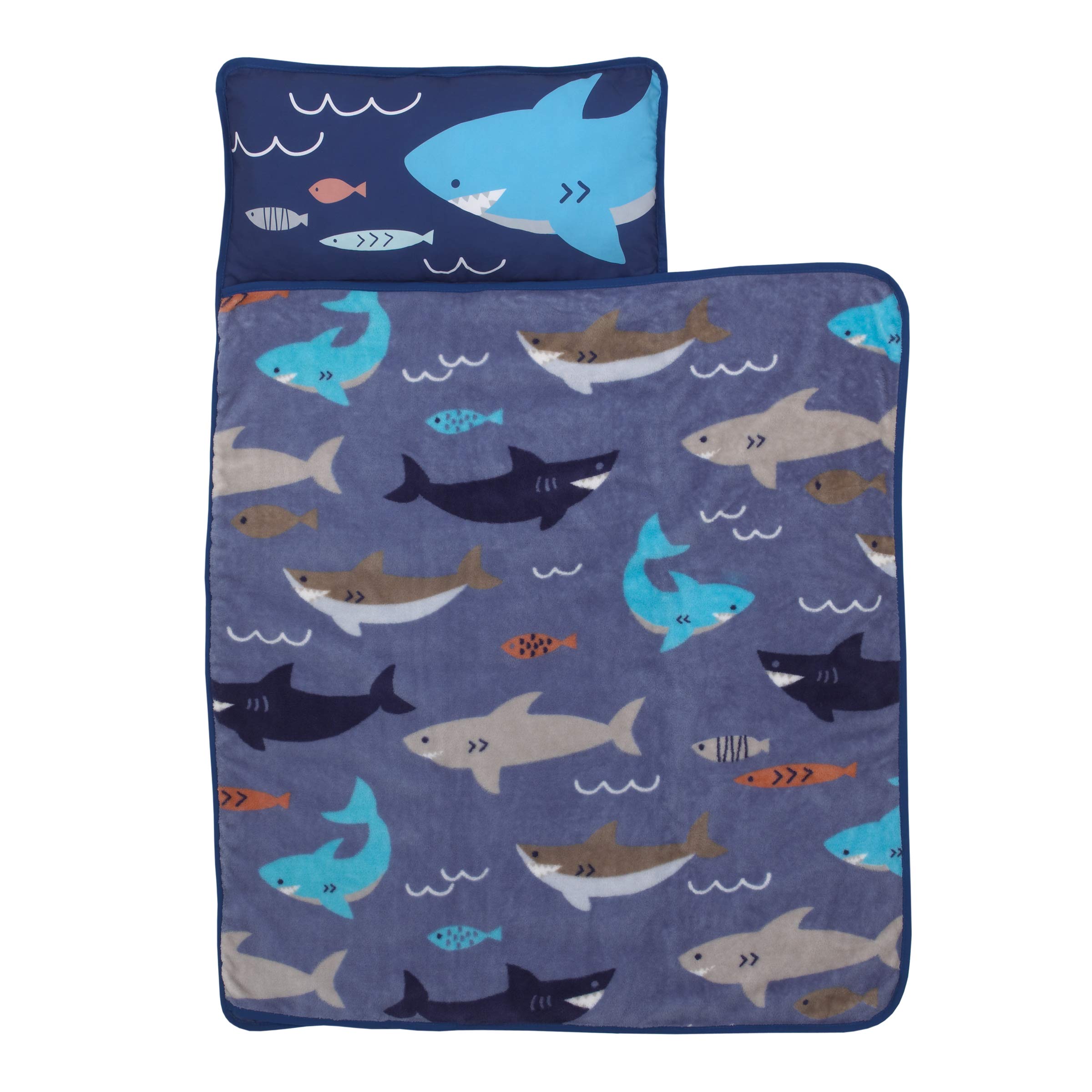 Everything Kids Blue & Grey Shark Toddler Nap Mat with Pillow & Blanket, Grey, Blue, Navy, Orange