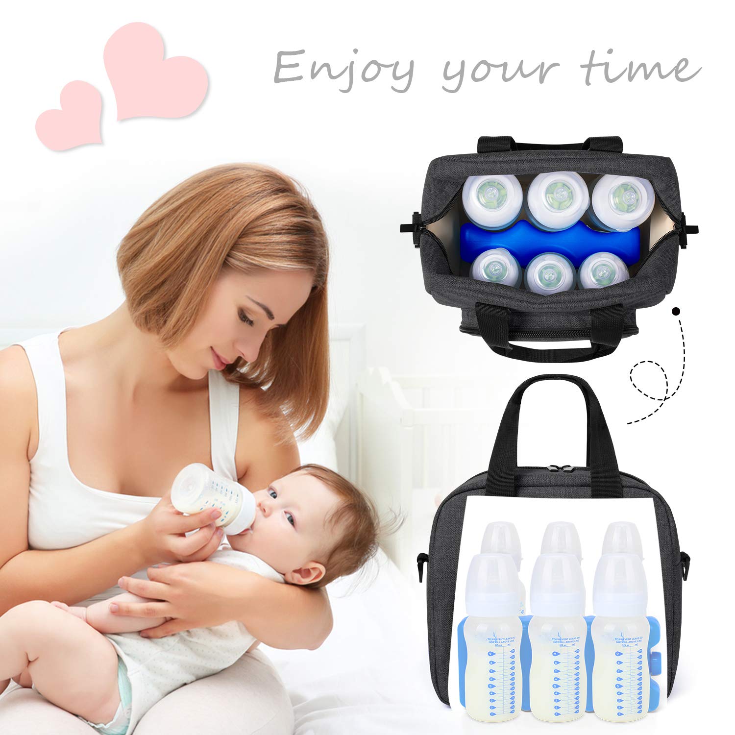 Luxja Breastmilk Cooler Bag with an Ice Pack (Hold 6 Breastmilk Bottles, 5-9 Ounces), Leakproof Cooler Bag for Breast Milk and Bottle Set, Black