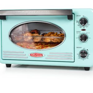 Nostalgia 0.7 Cu Ft Retro Air Fryer Oven with Bake, Toast, Air Fry, and Broil Functions | Large Capacity Fits 12 Slices of Bread, Two 12 in. Pizzas | Aqua