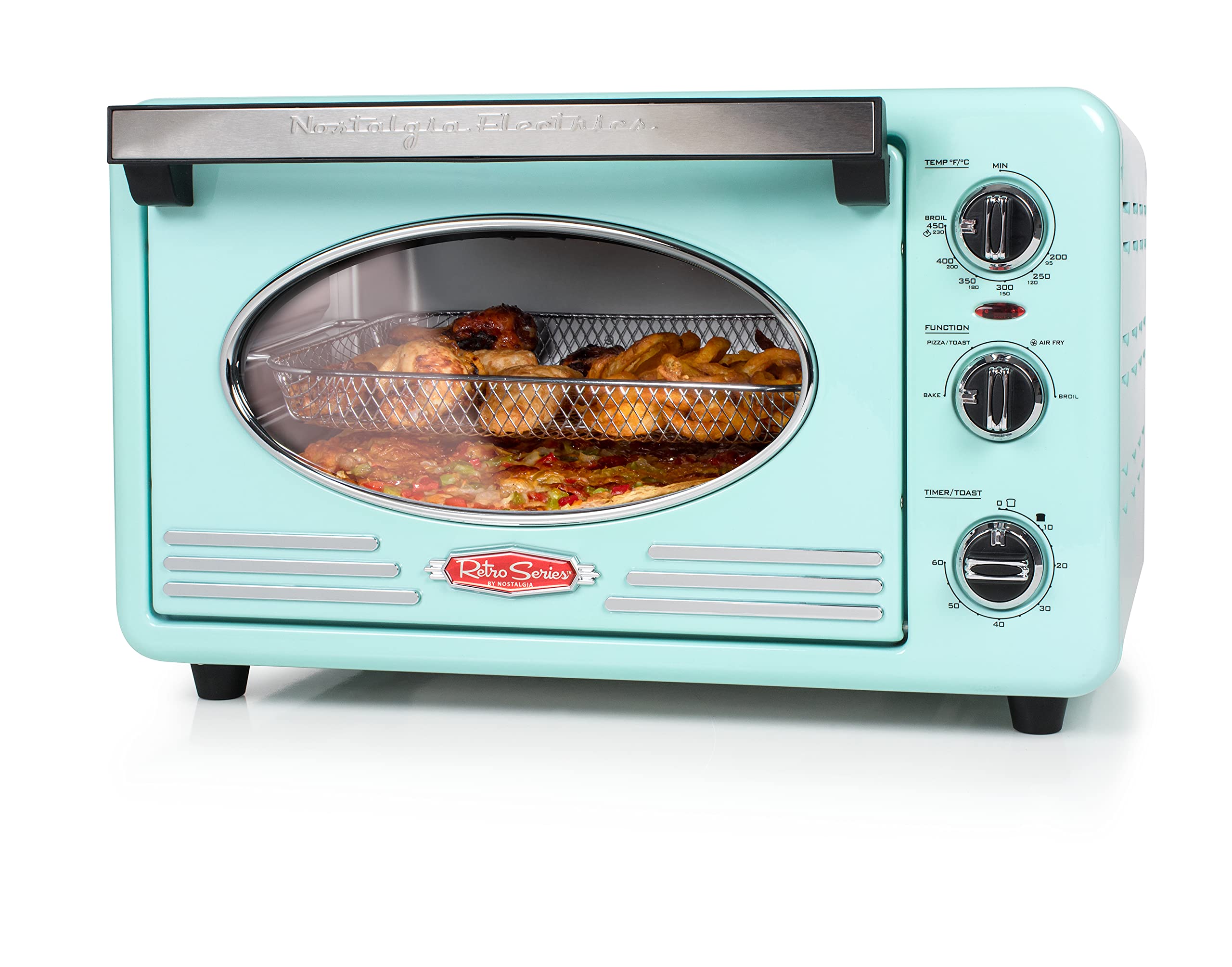 Nostalgia 0.7 Cu Ft Retro Air Fryer Oven with Bake, Toast, Air Fry, and Broil Functions | Large Capacity Fits 12 Slices of Bread, Two 12 in. Pizzas | Aqua