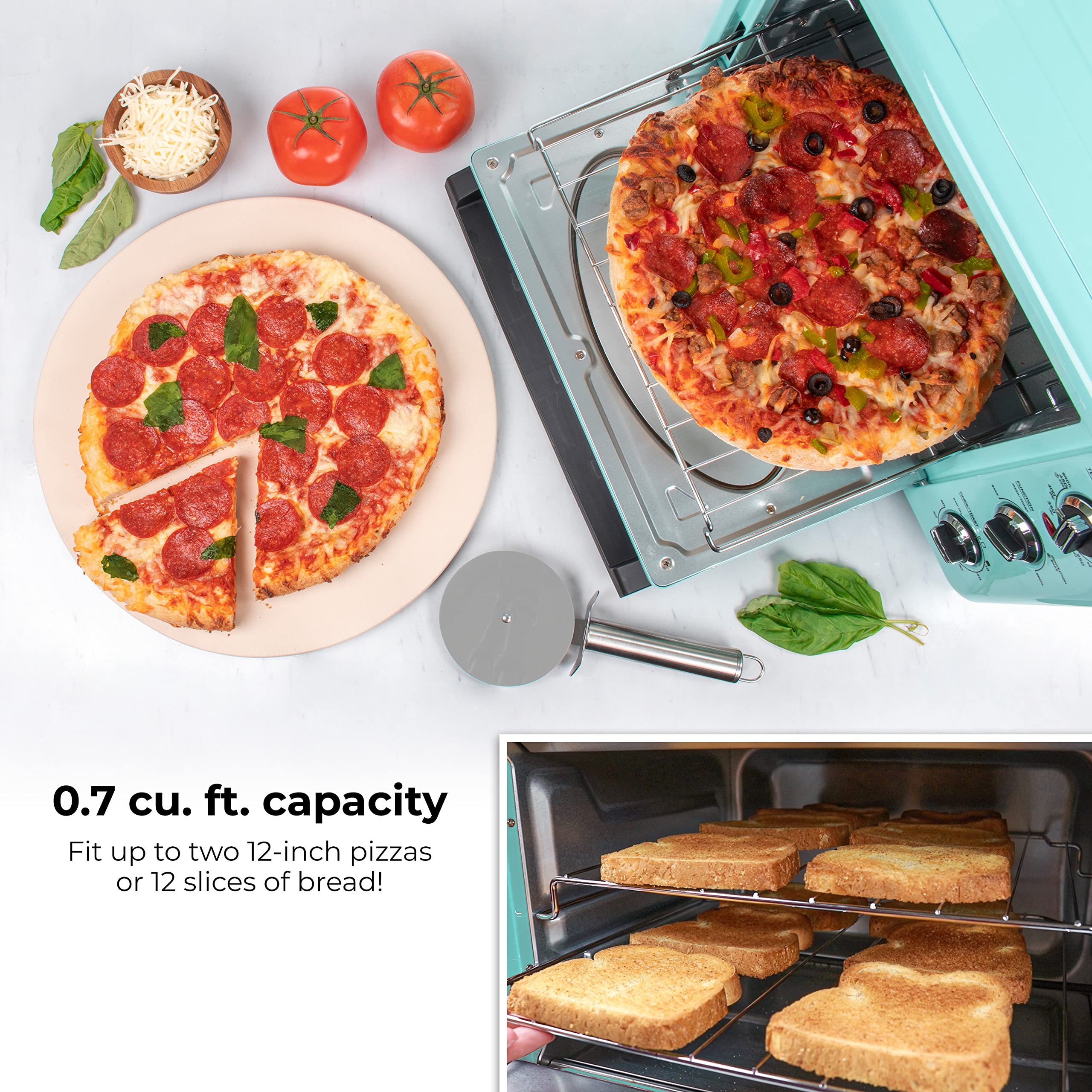 Nostalgia 0.7 Cu Ft Retro Air Fryer Oven with Bake, Toast, Air Fry, and Broil Functions | Large Capacity Fits 12 Slices of Bread, Two 12 in. Pizzas | Aqua