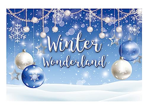 Funnytree 7x5ft Winter Wonderland Theme Backdrop for Blue Boy Baby Shower Birthday Party Christmas Snowflake Snow Landscape Photography Background Bokeh Glitter Pearl Banner Decoration Photo Booth