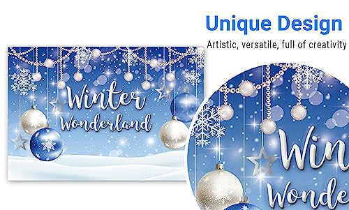 Funnytree 7x5ft Winter Wonderland Theme Backdrop for Blue Boy Baby Shower Birthday Party Christmas Snowflake Snow Landscape Photography Background Bokeh Glitter Pearl Banner Decoration Photo Booth