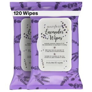 beautyfrizz lavender face cleansing wipes - 120 pcs - gentle makeup remover wipes for face and neck - facial wipes with aloe, retinol, castor and vitamin e - enjoy these lavender face wipes