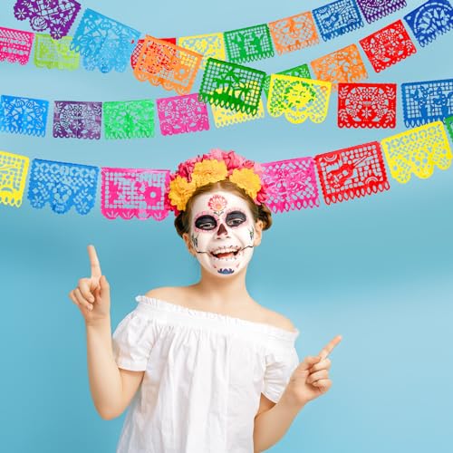 4 Packs Mexican Party Banner 60 Feet Fiesta Banner Plastic Papel Picado Banner Cinco de Mayo Dia De Los Muertos Decor Day of the Dead Decorations Mexican Fiesta Themed Party Decorations Supplies