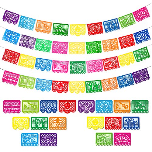 4 Packs Mexican Party Banner 60 Feet Fiesta Banner Plastic Papel Picado Banner Cinco de Mayo Dia De Los Muertos Decor Day of the Dead Decorations Mexican Fiesta Themed Party Decorations Supplies