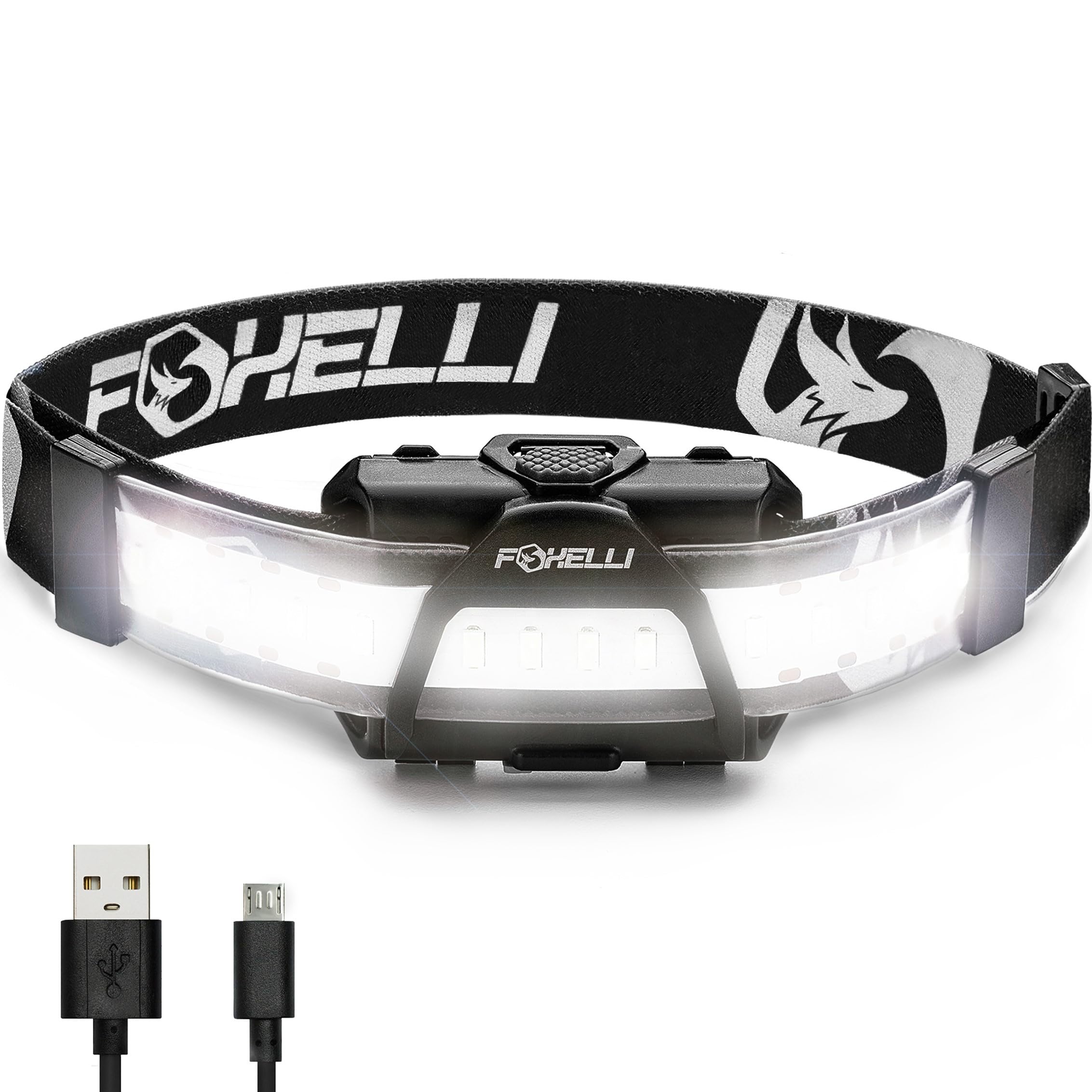 Foxelli Wide Beam Headlamp – USB Rechargeable LED Head Lamp Flashlight, Ultra Bright, 210° Wide Illumination, Low Profile, 14 White LEDs, Waterproof, Lightweight & Comfortable Headlight