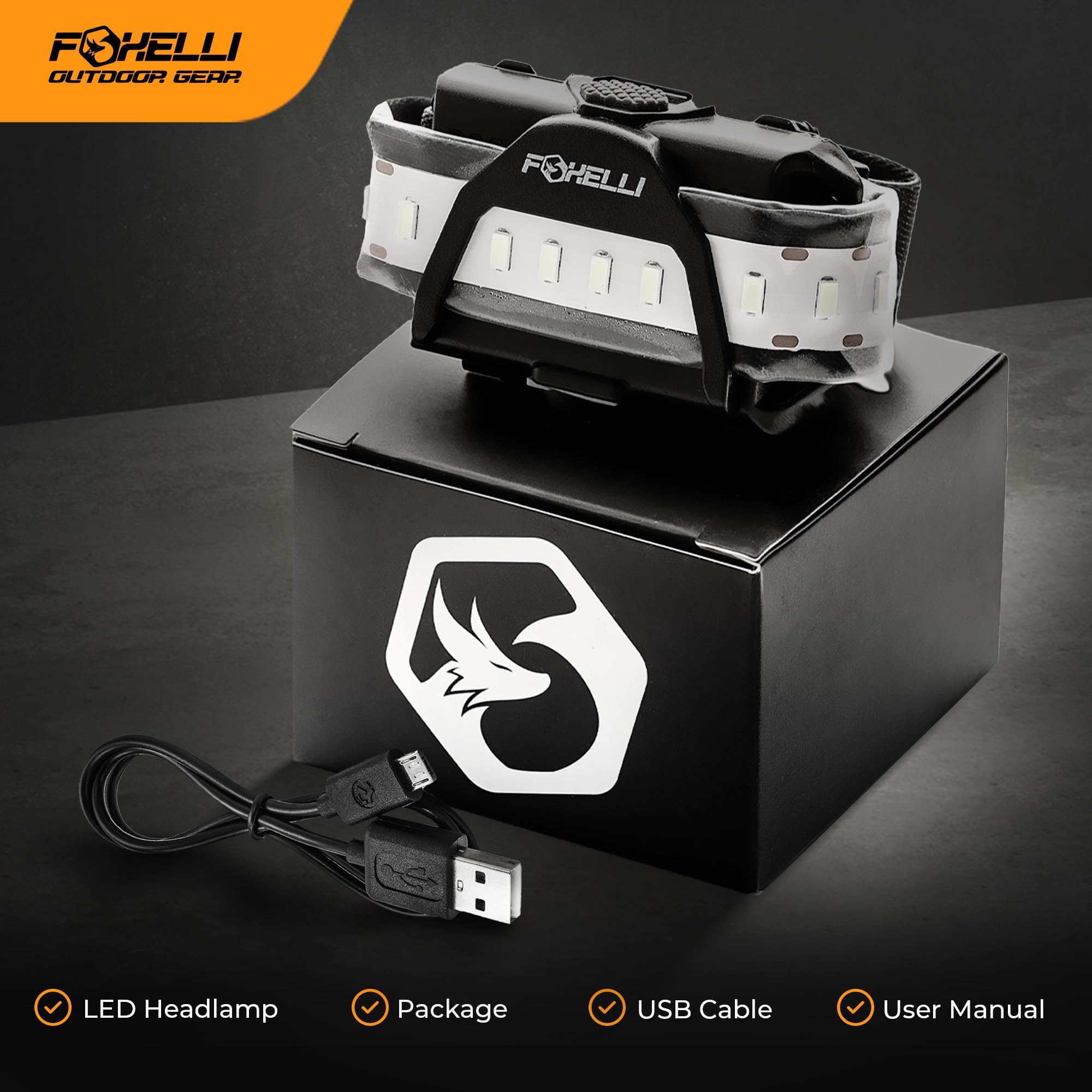 Foxelli Wide Beam Headlamp – USB Rechargeable LED Head Lamp Flashlight, Ultra Bright, 210° Wide Illumination, Low Profile, 14 White LEDs, Waterproof, Lightweight & Comfortable Headlight