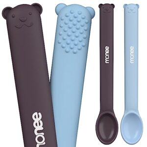 MONEE Baby Spoons | Gentle on Gums Silicone Baby Spoon | BPA-Free Dishwasher Safe Baby Utensils 6-12 Months | Baby Spoons Self Feeding 6+ Months | Silicone Feeding Supplies (Blue & Choco)