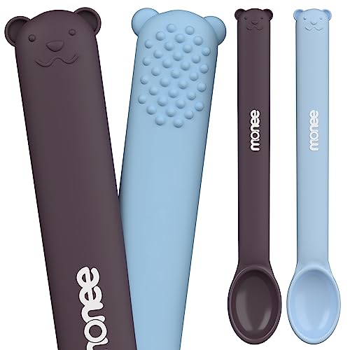 MONEE Baby Spoons | Gentle on Gums Silicone Baby Spoon | BPA-Free Dishwasher Safe Baby Utensils 6-12 Months | Baby Spoons Self Feeding 6+ Months | Silicone Feeding Supplies (Blue & Choco)