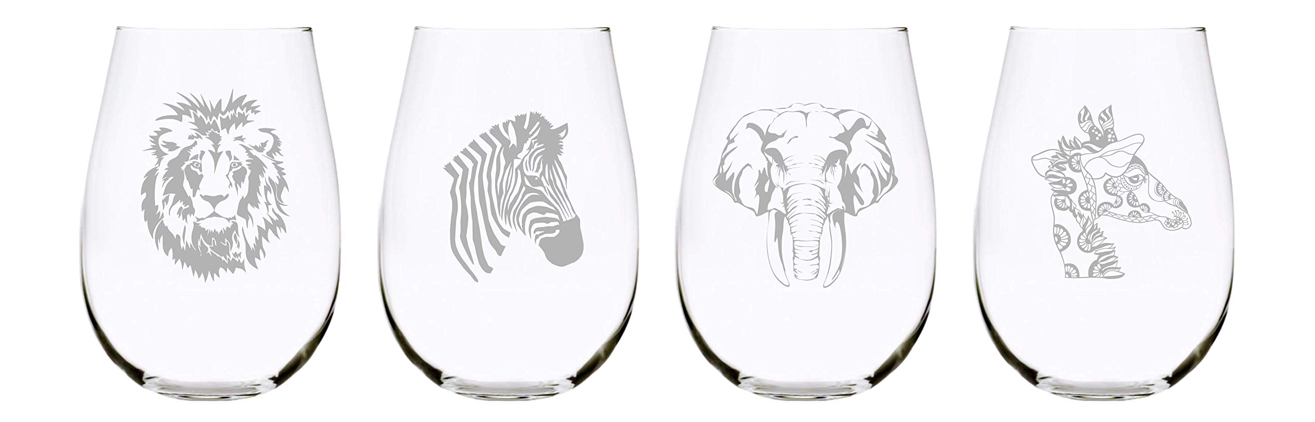 C M Giraffe, lion, elephant, and zebra stemless wine glass (set of 4)