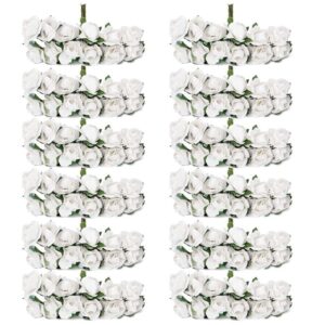 zorpia mini fake rose flower heads 144pcs mini artificial mulberry paper roses flower with wire stem diy wedding flowers accessories make bridal hair clips headbands dress (white)
