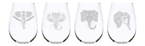 c & m personal gifts 4-pieces stemless wine glass set – crystal wine glasses with elephant engraved design, ideal glass gift for anniversaries, newlyweds, dinner parties