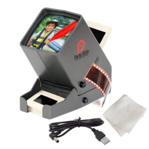 porta slide ps-3 slide viewer, view 2x2 in. slides, 35mm film strips & negatives, led viewing light, 4 in. screen, 3x magnification w/cleaning cloth, usb power cable included