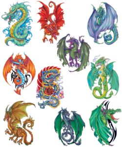 fantasy dragons temporary tattoos, set of 10 colorful dragon tattoos