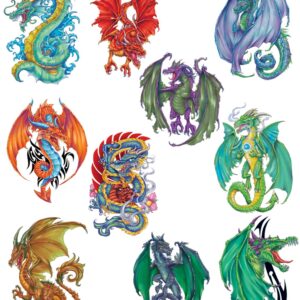 Fantasy Dragons Temporary Tattoos, Set of 10 Colorful Dragon Tattoos