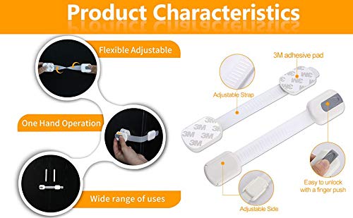 6 Pack Vmaisi Multi-Use Adhesive Straps Locks - Childproofing Baby Proofing Cabinet Latches for Drawers, Fridge, Dishwasher, Toilet Seat, Cupboard, Oven,Trash Can, No Drilling (White) (6)