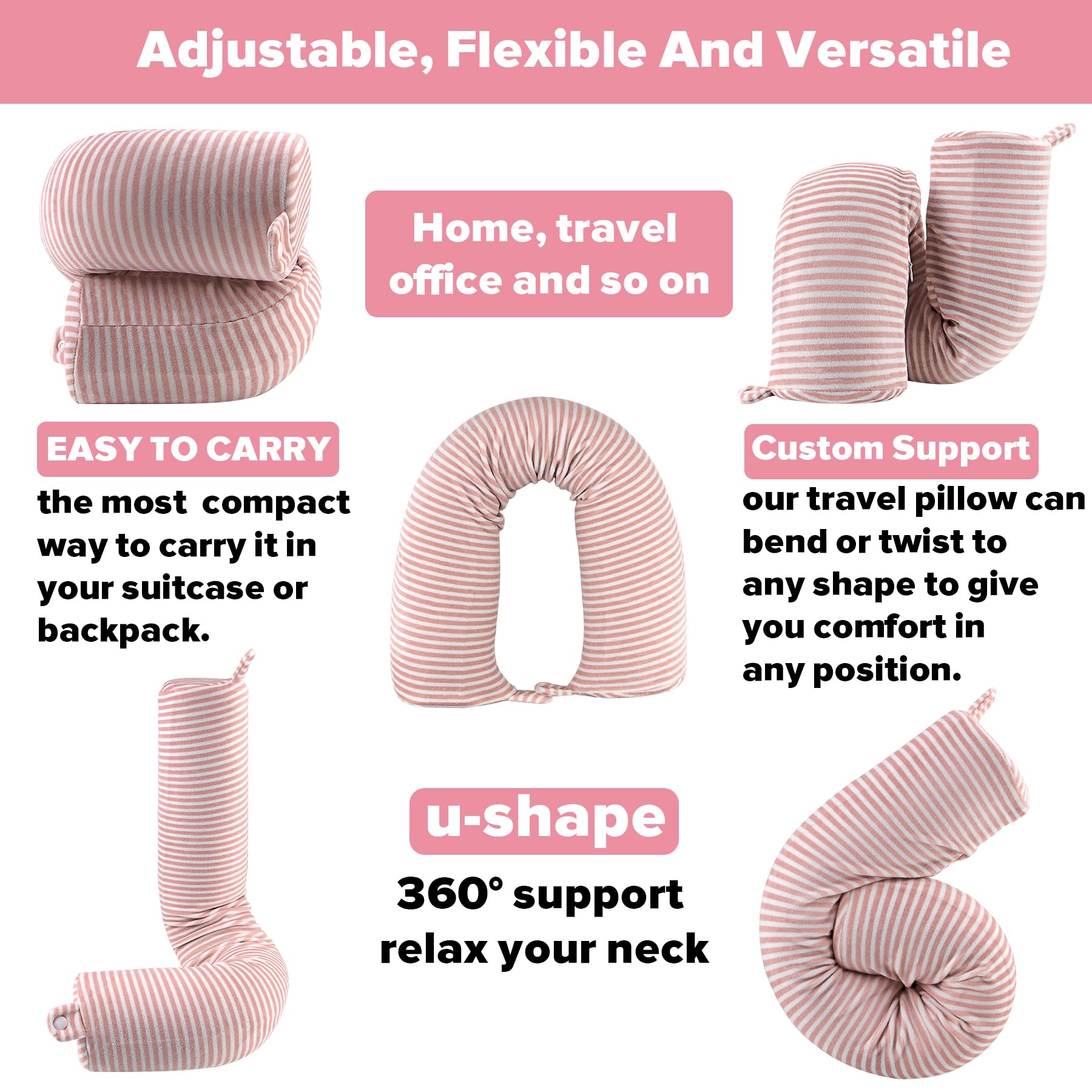 Twist Memory Foam Travel Pillow for Neck, Chin, Lumbar and Leg Support-for Travling on Airplane, Train, Bus or at Home-Adjustable, Bendable Roll Pillow with Washable Soft Cover