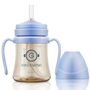 grosmimi spill proof no spill magic sippy cup with straw with handle for baby and toddlers, customizable, ppsu, bpa free 6 oz (sky blue)