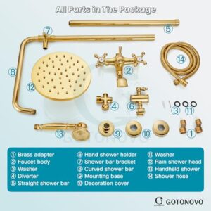 gotonovo Exposed Shower Faucet Set 8 Rain Shower 2 Double Knobs Handle Gold Polish Triple Function Tub Spout Shower Fixture Combo System Unit Set