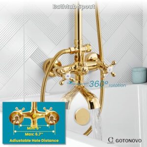 gotonovo Exposed Shower Faucet Set 8 Rain Shower 2 Double Knobs Handle Gold Polish Triple Function Tub Spout Shower Fixture Combo System Unit Set