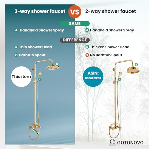 gotonovo Exposed Shower Faucet Set 8 Rain Shower 2 Double Knobs Handle Gold Polish Triple Function Tub Spout Shower Fixture Combo System Unit Set