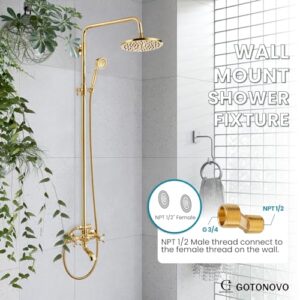 gotonovo Exposed Shower Faucet Set 8 Rain Shower 2 Double Knobs Handle Gold Polish Triple Function Tub Spout Shower Fixture Combo System Unit Set