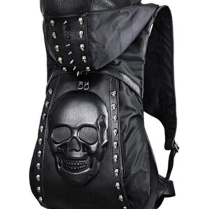 nice--buy Skull Punk Art Fashion Backpack Hooded Rivet Studded Biker Purse Gothic 3D Skull PU Leather Bookbag Python Daypack Shoulder Bag Laptop Bag