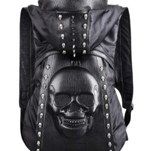 nice--buy Skull Punk Art Fashion Backpack Hooded Rivet Studded Biker Purse Gothic 3D Skull PU Leather Bookbag Python Daypack Shoulder Bag Laptop Bag