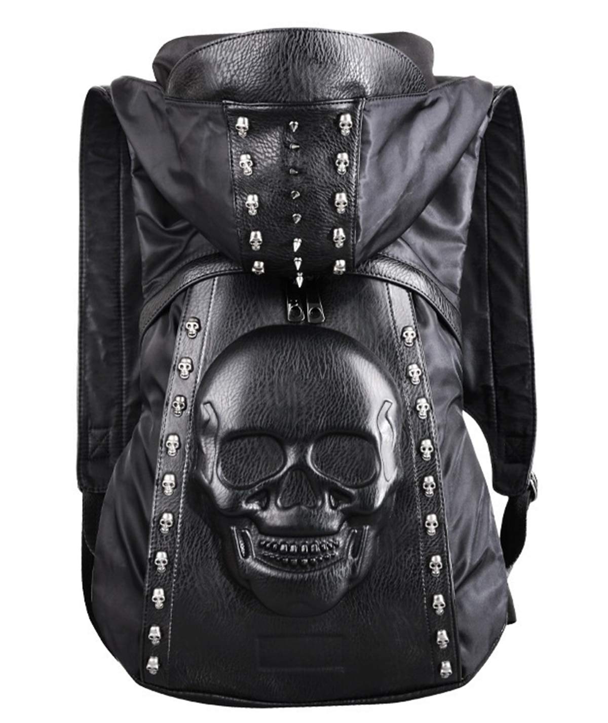 nice--buy Skull Punk Art Fashion Backpack Hooded Rivet Studded Biker Purse Gothic 3D Skull PU Leather Bookbag Python Daypack Shoulder Bag Laptop Bag