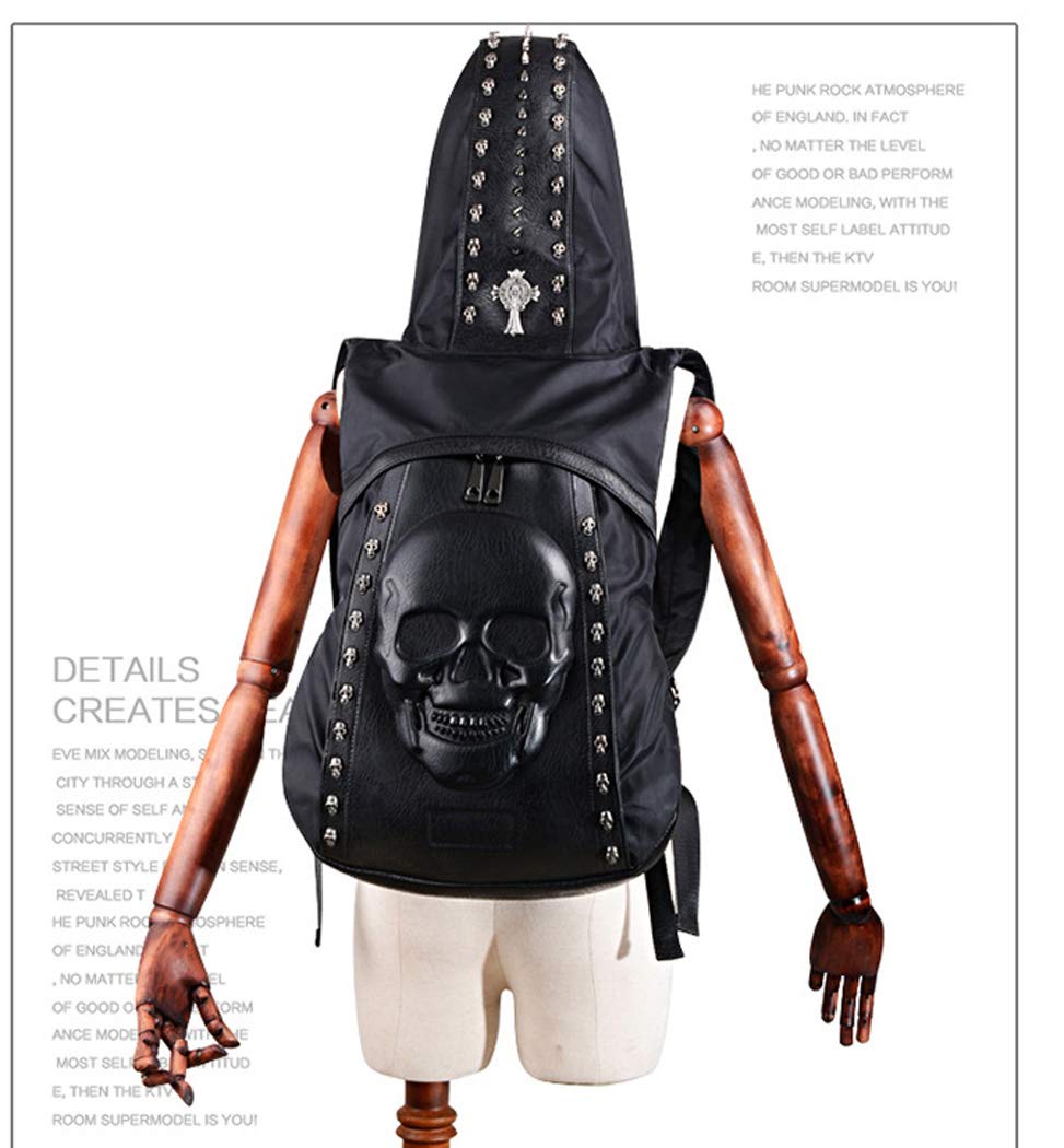 nice--buy Skull Punk Art Fashion Backpack Hooded Rivet Studded Biker Purse Gothic 3D Skull PU Leather Bookbag Python Daypack Shoulder Bag Laptop Bag