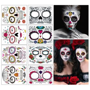 temporary face tattoo, 8 kits tattoos sugar skull stickers day of the dead makeup, face tattoo rose design for halloween, masquerade and parties