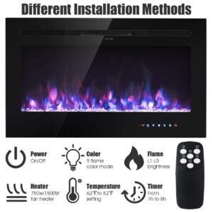 Tangkula 36 inches Electric Fireplace Insert with Thermostat, in-Wall Recessed and Wall Mounted 1500 W Faux Fireplace, Touch Screen Control, 9 Flamer Color, Temperature Control & Timer (36 inches)