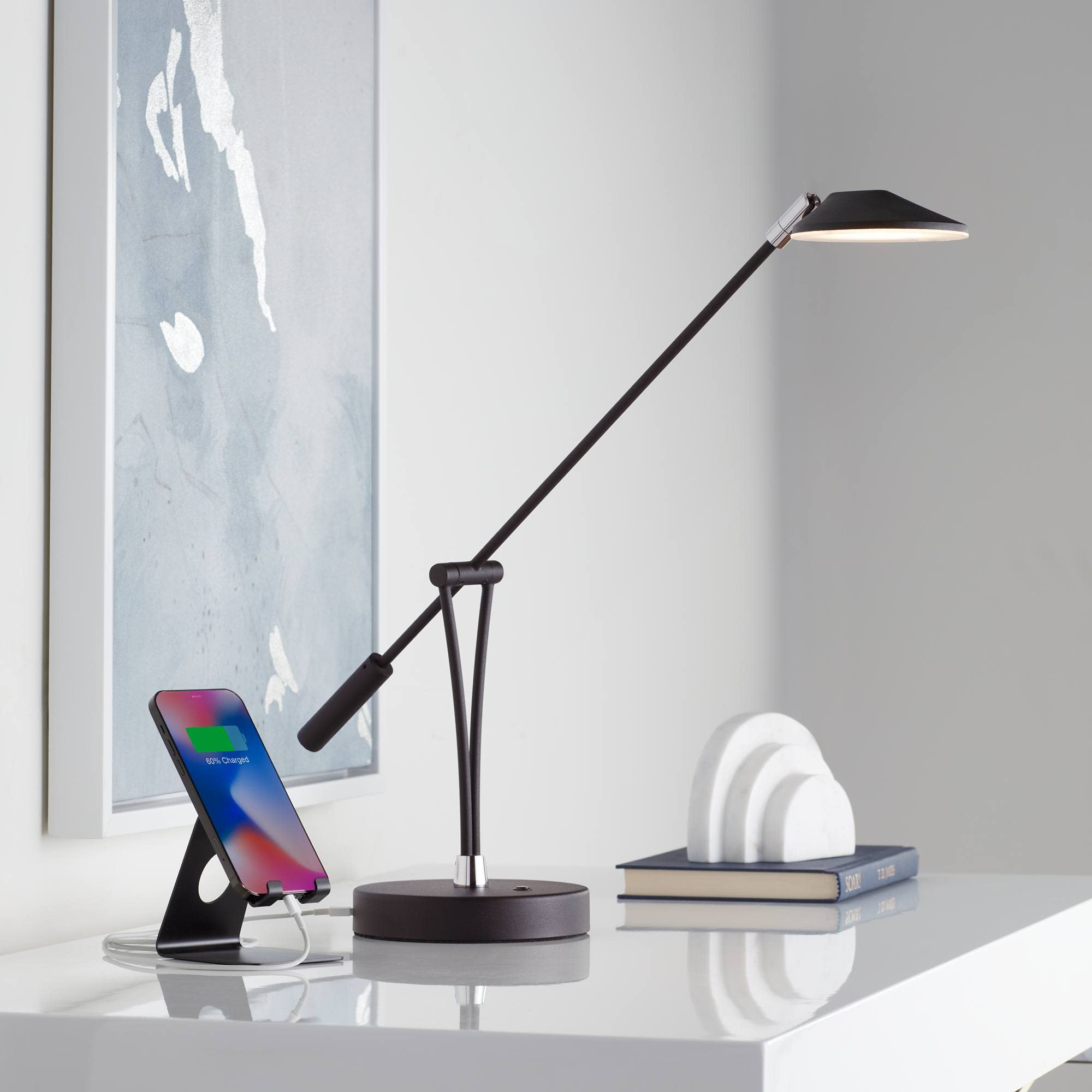 360 Lighting Arnie Modern Desk Lamp 20" High with USB Charging Port LED Satin Black Metal Adjustable Arm Decor for Living Room Bedroom House Bedside Nightstand Home Office Reading Family