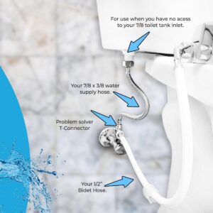 GenieBidet 3/8 X 3/8 X 1/2 Inch T-Connector for Bidet | Connect to 3/8 Water Supply at the wall Instead of 7/8 Toilet Tank Inlet | This Bidet T Connector uses 1/2 Water Supply to the Bidet