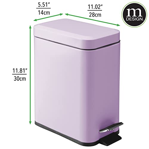 mDesign Small Modern 1.3 Gallon Rectangle Metal Lidded Step Trash Can, Compact Garbage Bin with Removable Liner Bucket and Handle for Bathroom, Kitchen, Craft Room, Office, Garage - Wisteria Purple