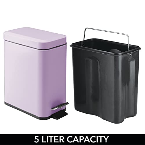 mDesign Small Modern 1.3 Gallon Rectangle Metal Lidded Step Trash Can, Compact Garbage Bin with Removable Liner Bucket and Handle for Bathroom, Kitchen, Craft Room, Office, Garage - Wisteria Purple