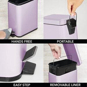 mDesign Small Modern 1.3 Gallon Rectangle Metal Lidded Step Trash Can, Compact Garbage Bin with Removable Liner Bucket and Handle for Bathroom, Kitchen, Craft Room, Office, Garage - Wisteria Purple