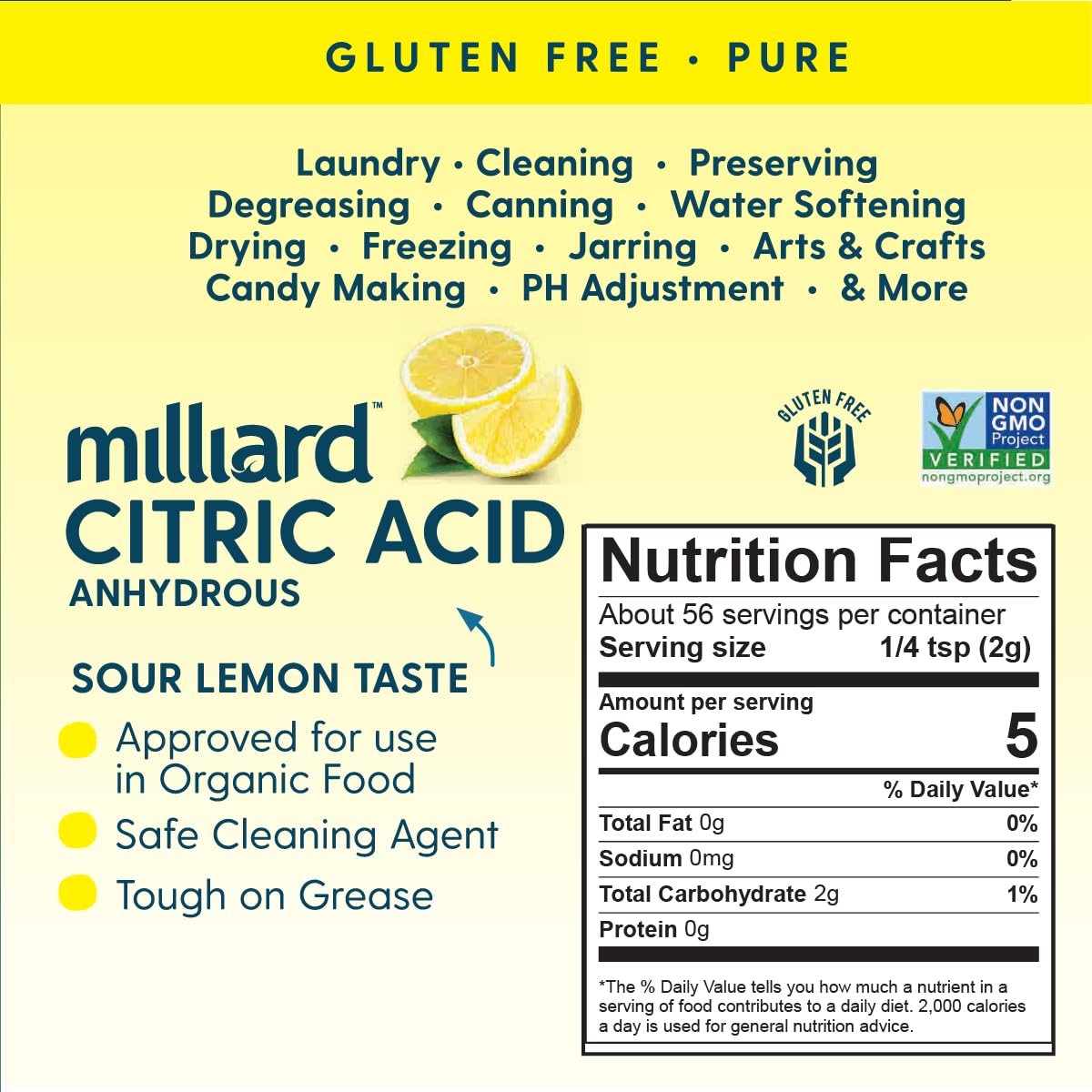 Milliard Citric Acid - 100% Pure Food Grade Non-GMO Project Verified (4 Ounce)