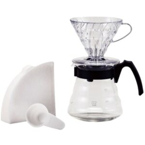 hario pour over coffee starter set craft coffee maker dripper, glass server, scoop and filters size 02, black