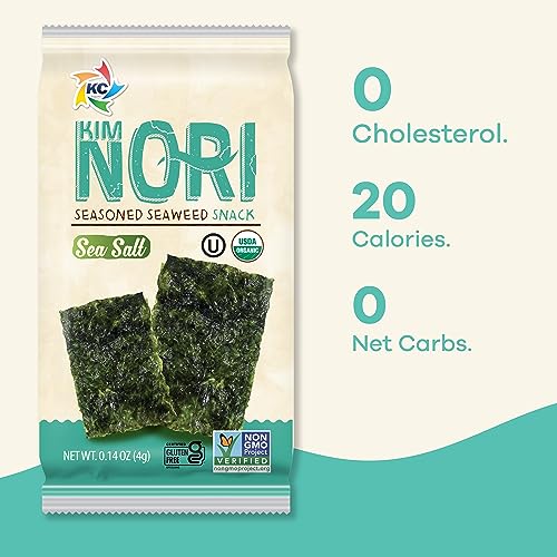 KIMNORI Seasoned Seaweed Snacks Sheets – Organic Sea Salt Flavor 12 Individual Packs Roasted Crispy Premium 100% Natural Laver Kim Nori 4g 0.14 Ounce 김 のり 海苔 紫菜