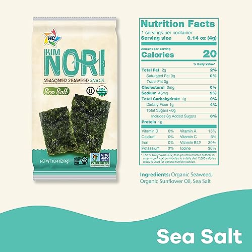 KIMNORI Seasoned Seaweed Snacks Sheets – Organic Sea Salt Flavor 12 Individual Packs Roasted Crispy Premium 100% Natural Laver Kim Nori 4g 0.14 Ounce 김 のり 海苔 紫菜