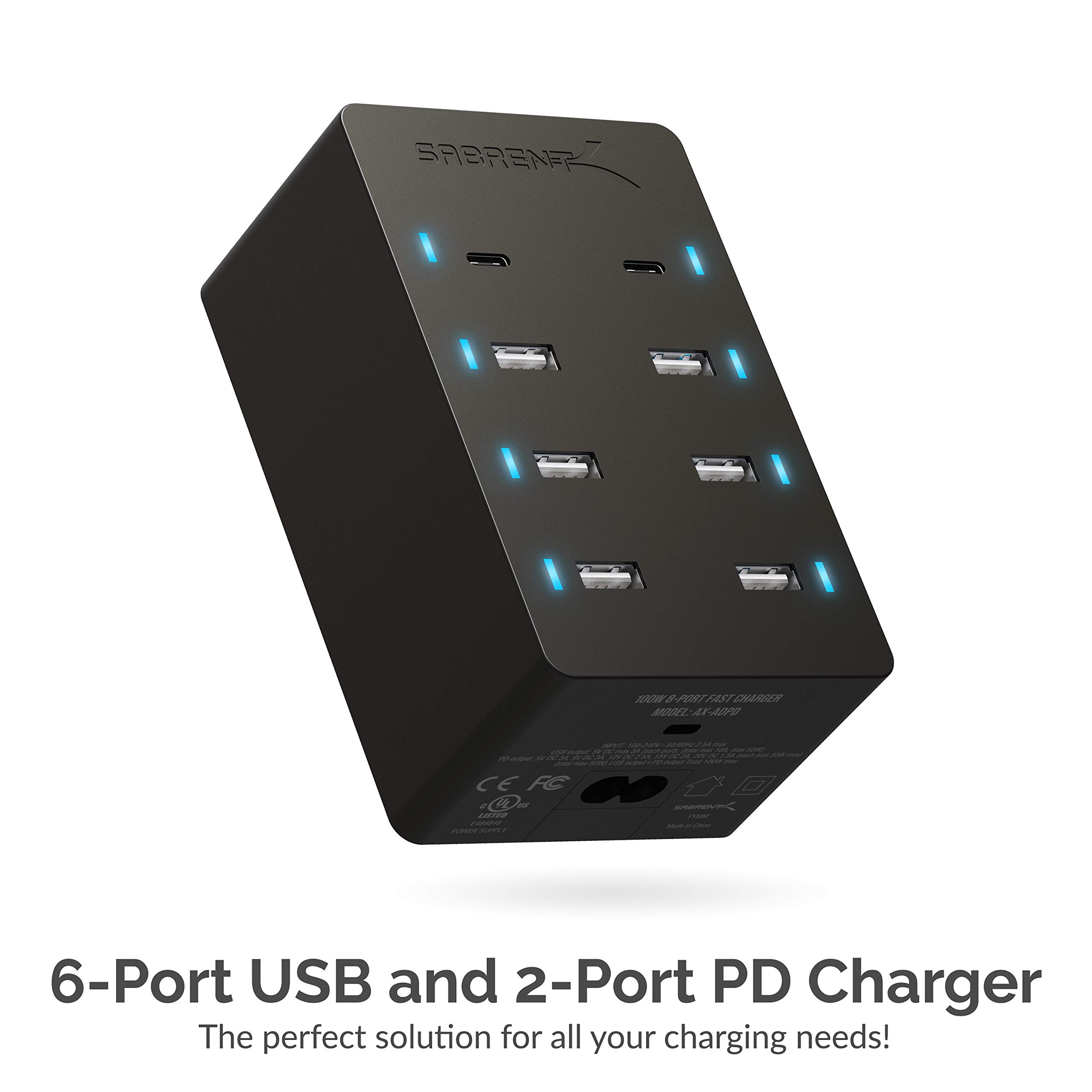 SABRENT 100 Watt 8 Port Family Sized USB Rapid Charger [UL Certified ] Includes 2 PD (Power Delivery) Ports (AX-ADPD)