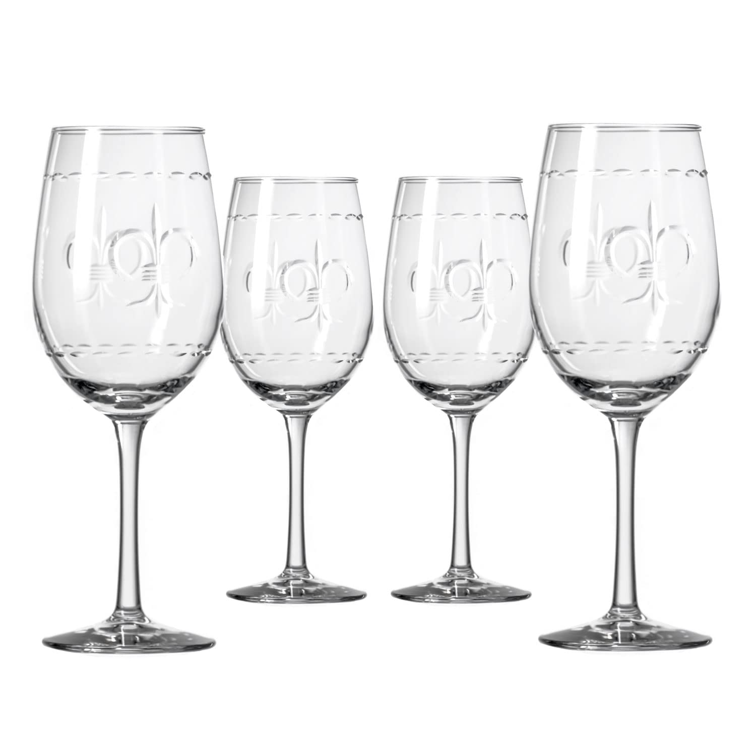 Rolf Glass Fleur De Lis White Wine Glass 12 ounce - Stemmed Wine Glasses Set of 4 – Lead-Free Glass - Diamond Wheel Engraved Wine Glasses - Made in the USA