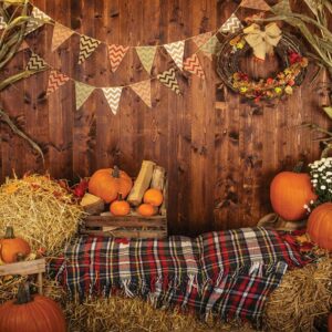 AIIKES 8x6FT Fall Thanksgiving Photo Backdrop Rustic Wood Board Barn Harvest Photography Background Autumn Pumpkin Leaves Flower Baby Birthday Portrait Party Decoration Photo Studio Booth Props 11-741