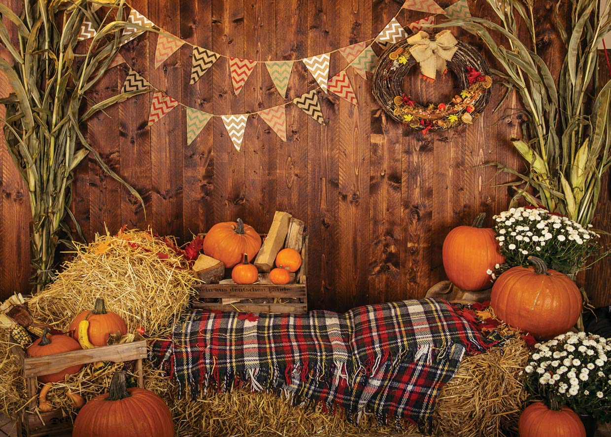 AIIKES 8x6FT Fall Thanksgiving Photo Backdrop Rustic Wood Board Barn Harvest Photography Background Autumn Pumpkin Leaves Flower Baby Birthday Portrait Party Decoration Photo Studio Booth Props 11-741