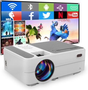 movie projector, wireless hd 1080p outdoor bluetooth projector led mini portable wifi projector for smartphone, with airplay, speaker, hdmi, usb support iphone laptop tv stick